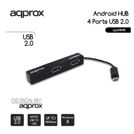HUB 4 PTOS USB 2.0 APPROX OTG  CONEXION MICRO USB NEGRO PN: APPHM4B EAN: 8435099514169